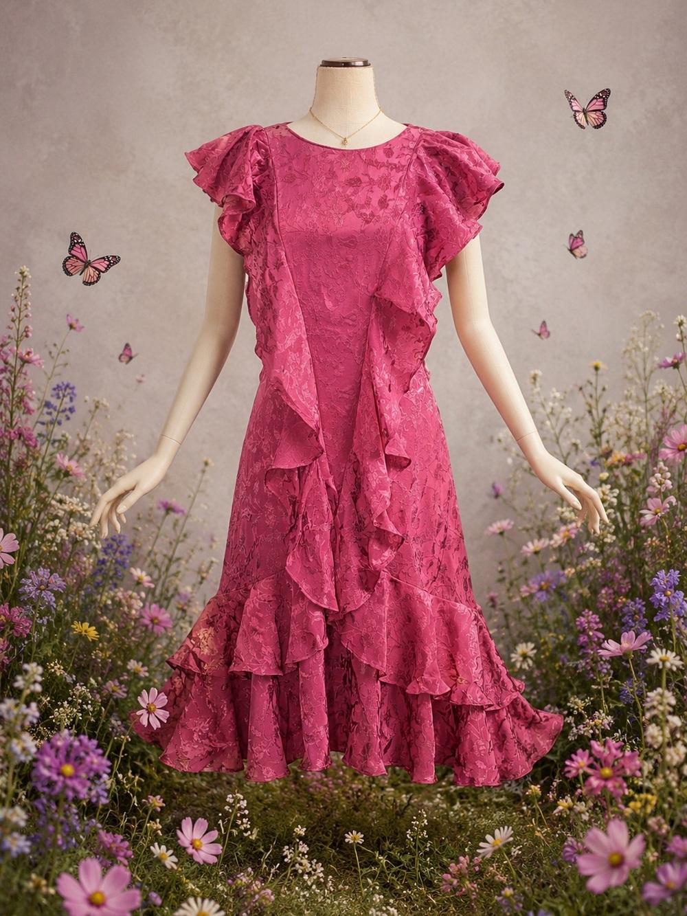 Topshop Jacquard Dusty Rose Ruffle Flutter Sleeve Mini Dress